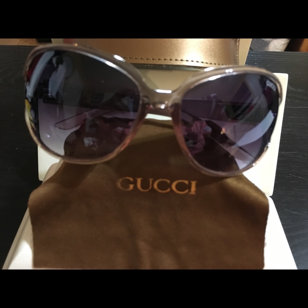 Auth Gucci Gold-Tan Large Frames Sunglasses W/Case